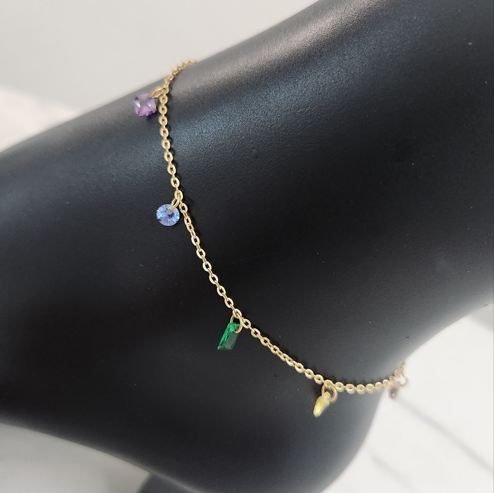 Gold Plated Anklet BraceletWith Colorful Crystal Gemstones Summer Accesories - Picture 7 of 14